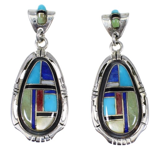 Multicolor Inlay Authentic Sterling Silver Post Dangle Earrings RX82074