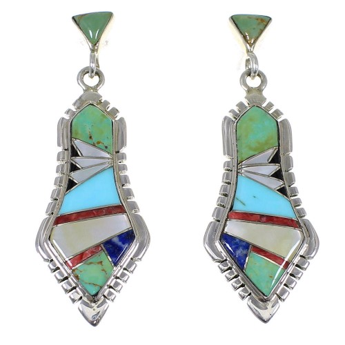 Sterling Silver Multicolor Inlay Post Dangle Earrings RX82082