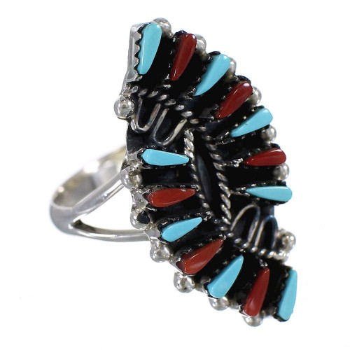 Turquoise And Coral Needlepoint Silver Southwest Ring Size 7-1/2 WX82068