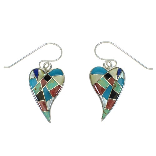Southwest Multicolor Heart Sterling Silver Hook Dangle Earrings RX66912
