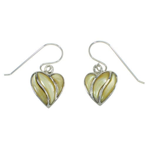 Southwest Yellow Mother Of Pearl Heart Sterling Silver Hook Dangle Earrings RX66935