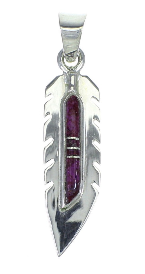 Genuine Sterling Silver Magenta Turquoise Southwest Feather Pendant YX67025