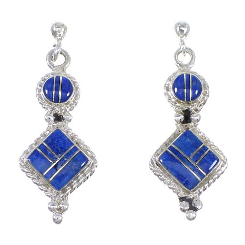 Lapis Inlay Genuine Sterling Silver Post Dangle Earrings RX70951