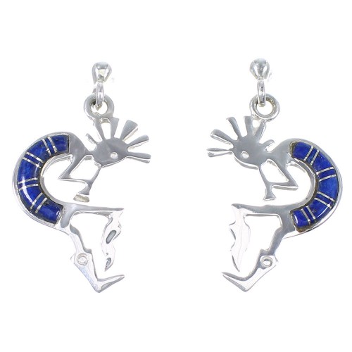 Genuine Sterling Silver Lapis Inlay Southwest Kokopelli Post Dangle Earrings RX70957