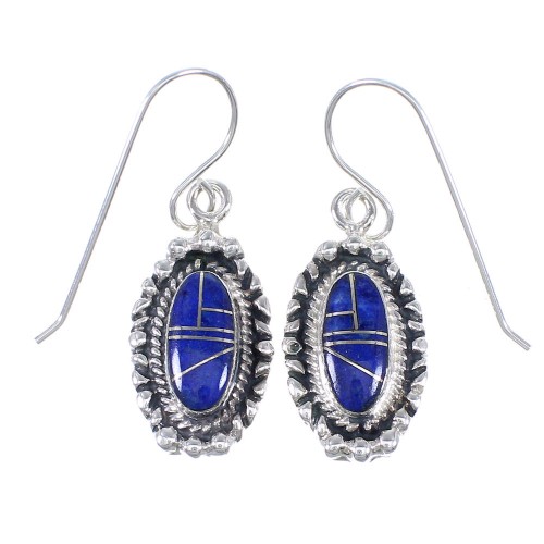 Genuine Sterling Silver Lapis Inlay Southwestern Hook Dangle Earrings RX71097