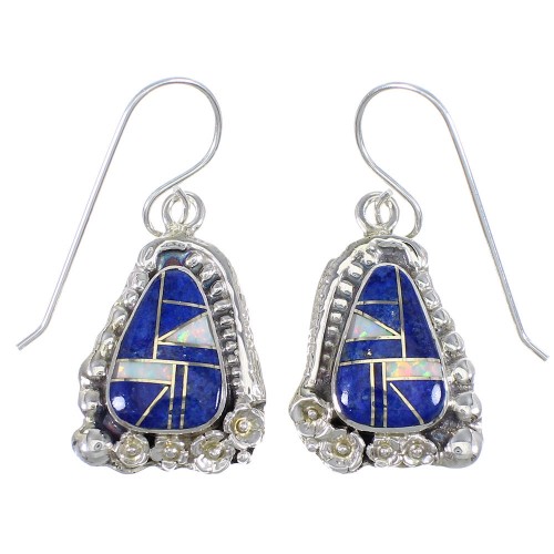 Authentic Sterling Silver Lapis And Opal Flower Hook Dangle Earrings YX67587