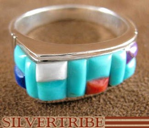 Turquoise And Multicolor Inlay Sterling Silver Ring Size 9-3/4 JS26040