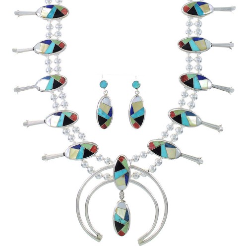 Authentic Sterling Silver Multicolor Inlay Squash Blossom Necklace Set RX94134