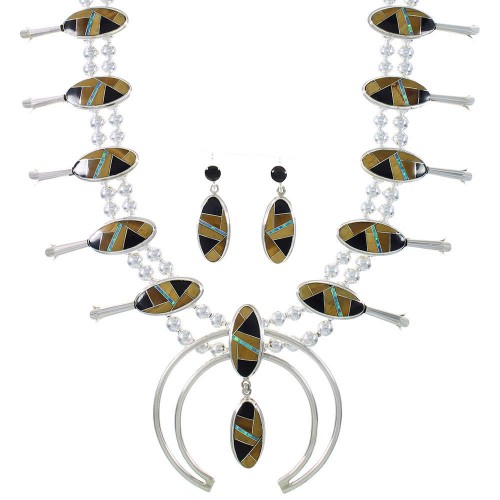 Sterling Silver Multicolor Inlay Southwest Squash Blossom Necklace Set RX94135
