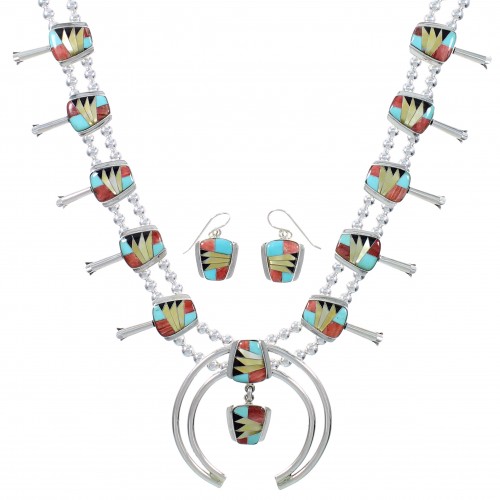 Multicolor Inlay Sterling Silver Squash Blossom Necklace Set AX94364