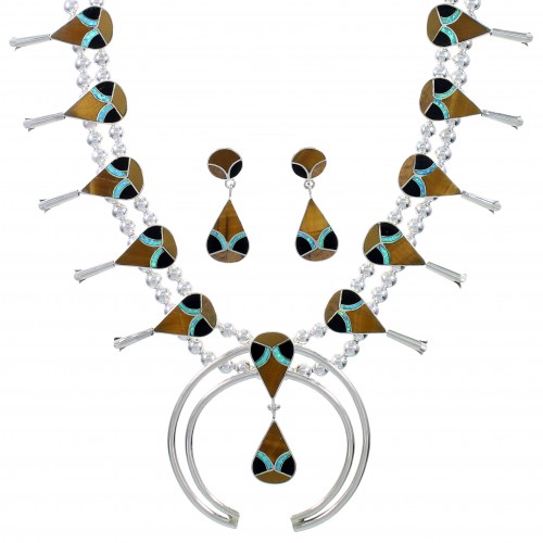 Multicolor Inlay Silver Southwest Squash Blossom Necklace Set AX94370
