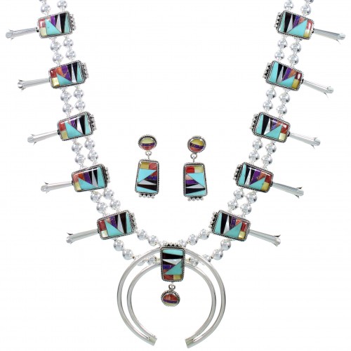Multicolor Inlay Sterling Silver Squash Blossom Necklace Set AX94372