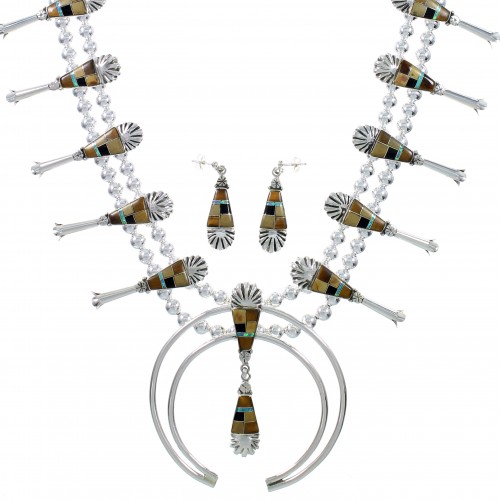 Southwestern Multicolor Sterling Silver Squash Blossom Necklace Set AX94373