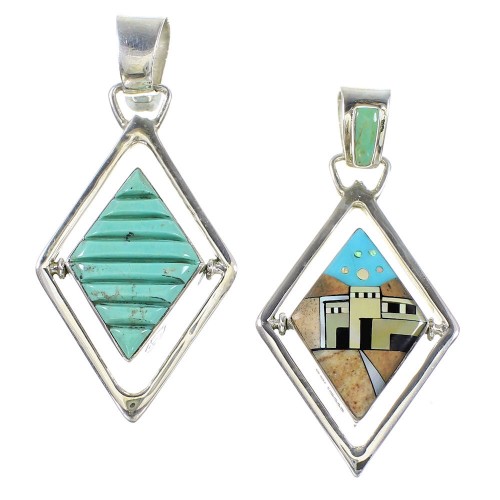 Sterling Silver Multicolor Native American Village Design Reversible Pendant RX95689