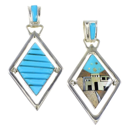 Genuine Sterling Silver Multicolor Native American Village Design Reversible Jewelry Pendant RX95690