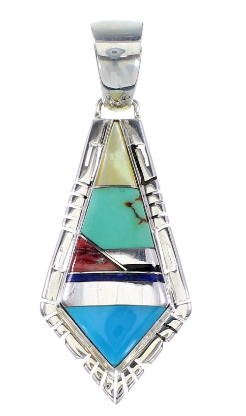 Multicolor Inlay Silver Southwest Water Wave Pendant AX94488