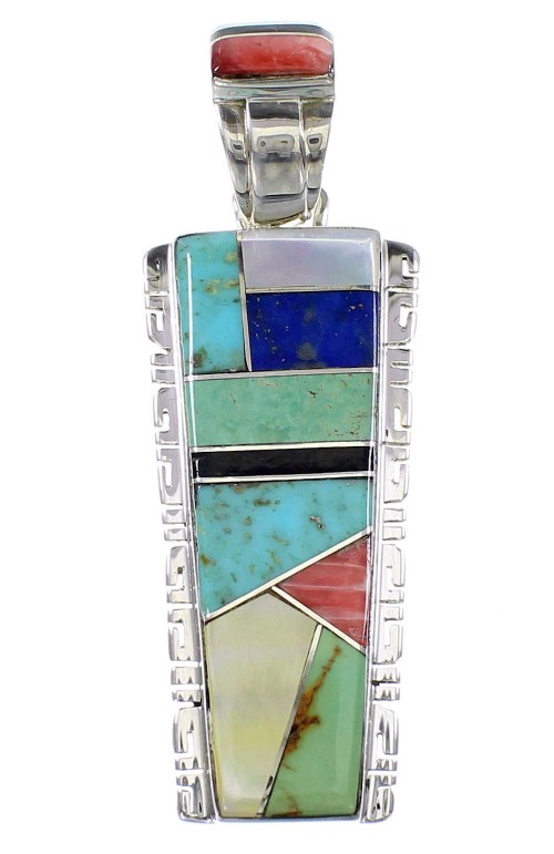 Multicolor Inlay Southwest Genuine Sterling Silver Pendant AX94502