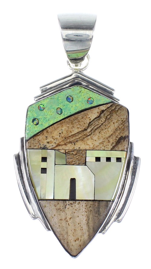 Native American Pueblo Village Design Authentic Sterling Silver And Multicolor Pendant RX94531