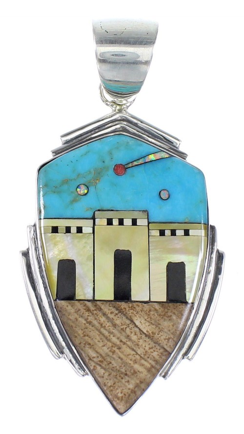 Authentic Sterling Silver Multicolor Native American Village Design Jewelry Pendant RX94533