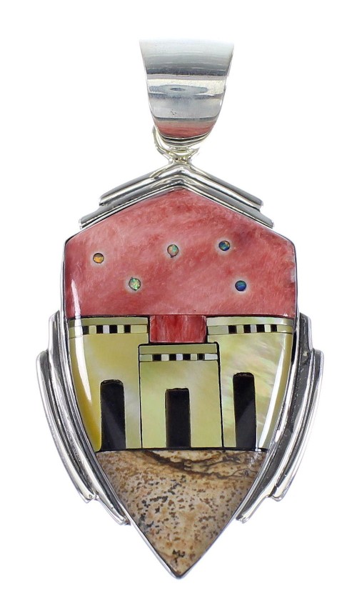 Multicolor Sterling Silver Native American Pueblo Village Design Southwest Pendant RX94541