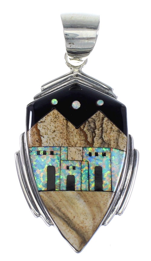 Multicolor Sterling Silver Native American Pueblo Village Design Pendant RX94549