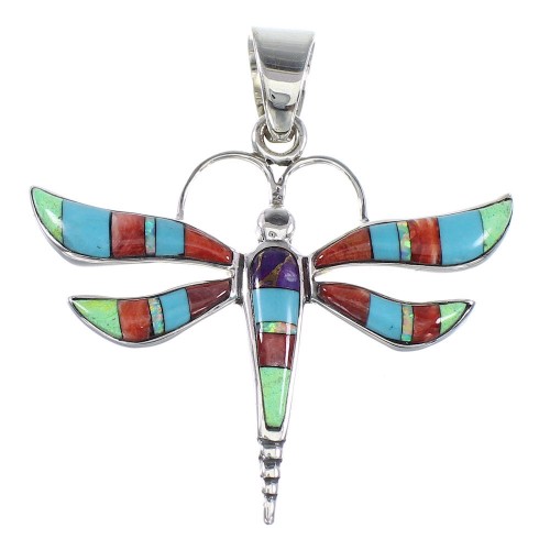 Authentic Sterling Silver Multicolor Inlay Dragonfly Pendant RX94663