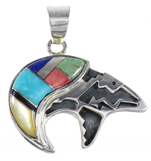 Multicolor Inlay Southwestern Jewelry Silver Bear Arrow Pendant RX94665