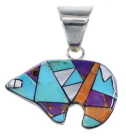 Authentic Sterling Silver Multicolor Inlay Bear Southwest Pendant RX94679