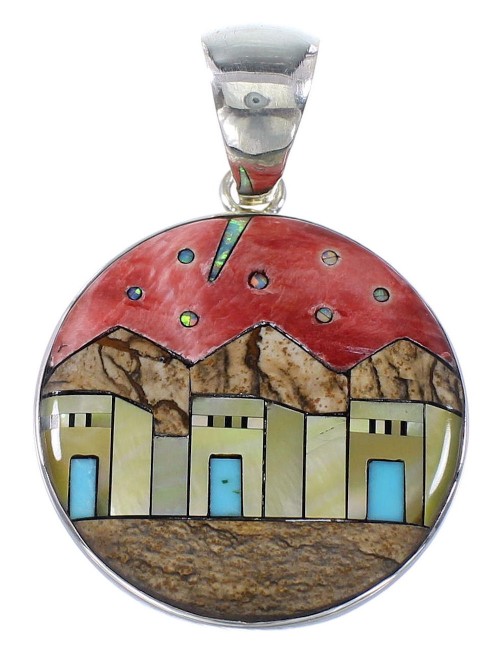 Sterling Silver Multicolor Native American Village Design Pendant RX94715