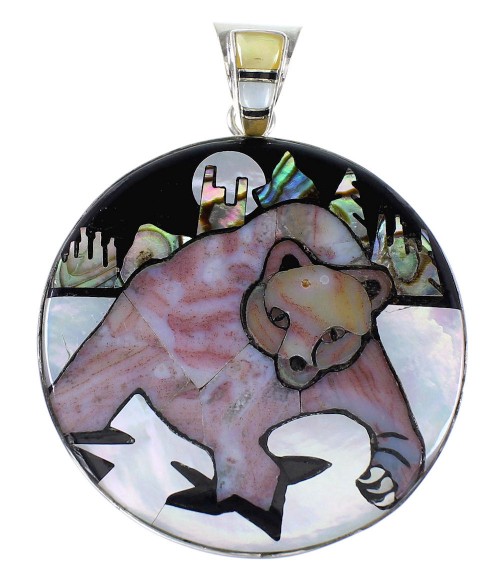 Southwest Multicolor Genuine Sterling Silver Bear Pendant RX94801