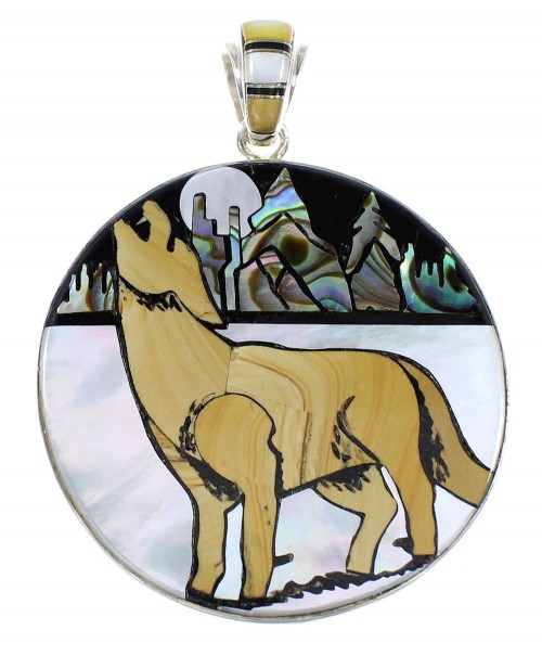 Southwestern Multicolor Sterling Silver Wolf Pendant RX94806