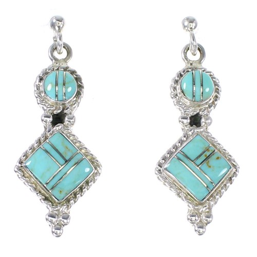 Turquoise Inlay Silver Southwest Post Dangle Earrings AX94593