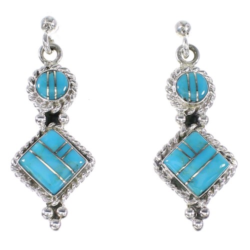 Turquoise Inlay Sterling Silver Southwest Post Dangle Earrings AX94594