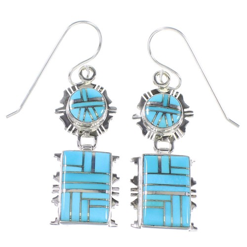 Sterling Silver Southwest Turquoise Inlay Hook Dangle Earrings AX94633