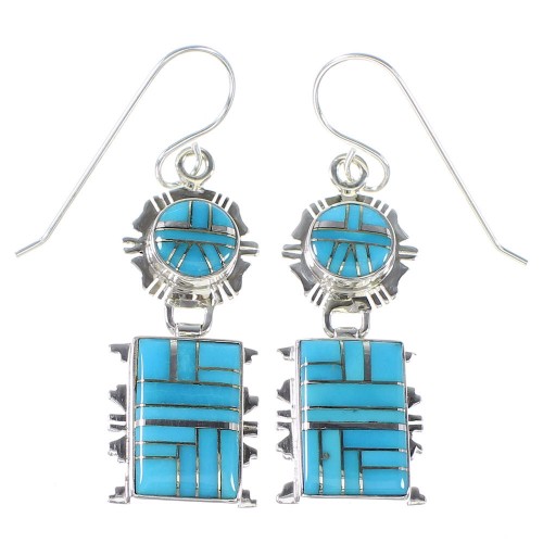 Silver Southwestern Turquoise Inlay Hook Dangle Earrings AX94636