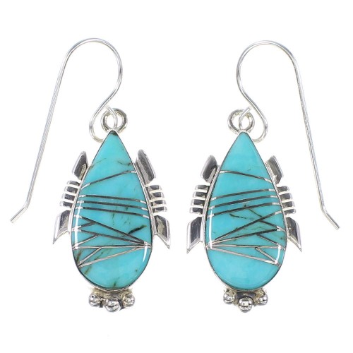 Turquoise Inlay Sterling Silver Southwestern Jewelry Hook Dangle Earrings AX94657