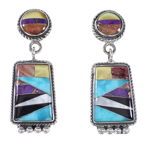 Multicolor Inlay Southwest Genuine Sterling Silver Post Dangle Earrings AX94677