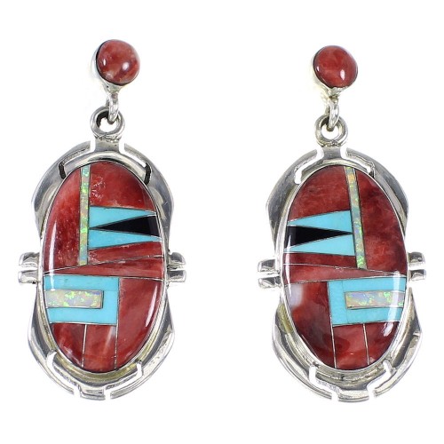 Southwest Multicolor Inlay Genuine Sterling Silver Post Dangle Earrings AX94691