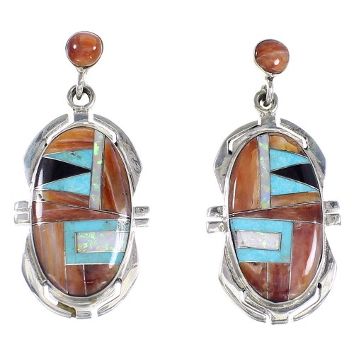 Southwestern Multicolor Inlay Genuine Sterling Silver Post Dangle Earrings AX94692