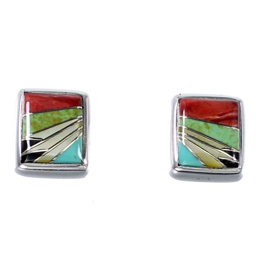 Multicolor Inlay Sterling Silver Post Earrings RX94828