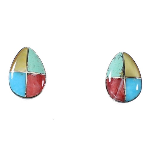 Genuine Sterling Silver Multicolor Inlay Post Earrings RX94834