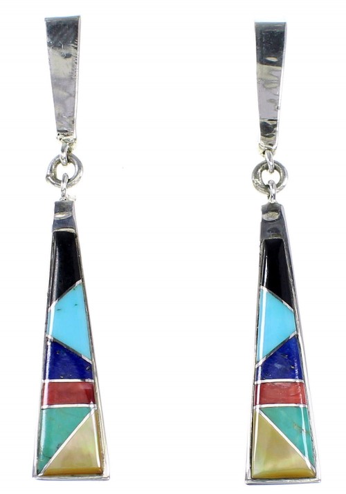 Sterling Silver Multicolor Inlay Post Dangle Earrings RX95086