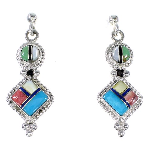 Sterling Silver Multicolor Inlay Southwest Jewelry Post Dangle Earrings RX95094