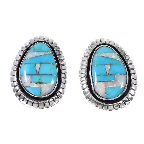 Turquoise And Opal Southwestern Silver Post Earrings AX94800