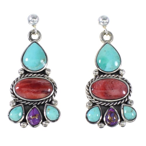 Turquoise And Red Oyster Shell Authentic Sterling Silver Post Dangle Earrings AX94904