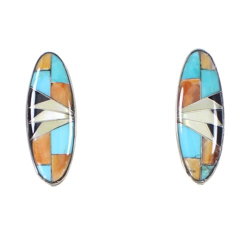 Authentic Sterling Silver Multicolor Inlay Post Earrings RX95110