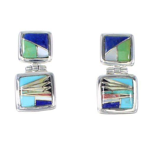 Sterling Silver Multicolor Inlay Post Dangle Earrings RX95122