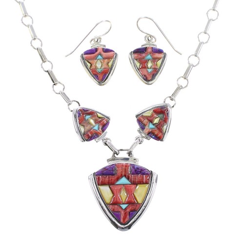 Authentic Sterling Silver Multicolor Inlay Link Necklace Set AX95052