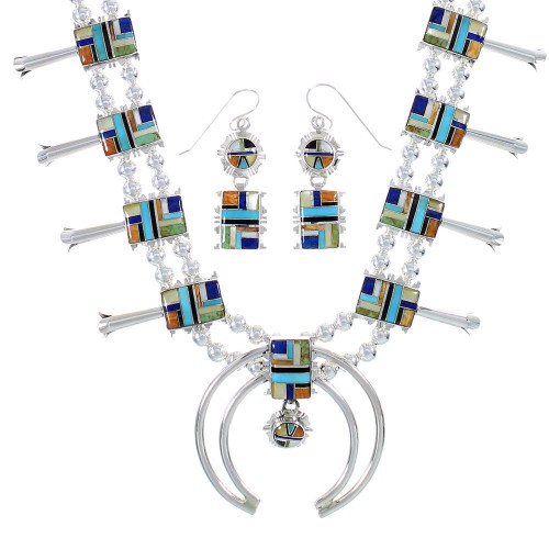 Multicolor Sterling Silver Southwest Squash Blossom Necklace Set AX94401