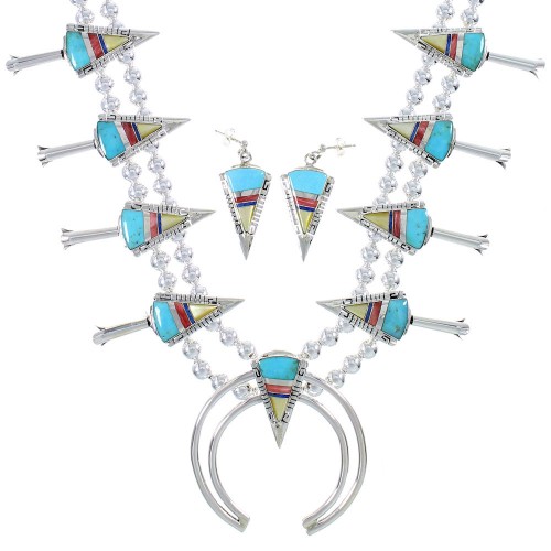 Multicolor Silver Water Wave And Arrowhead Squash Blossom Necklace Set AX94403
